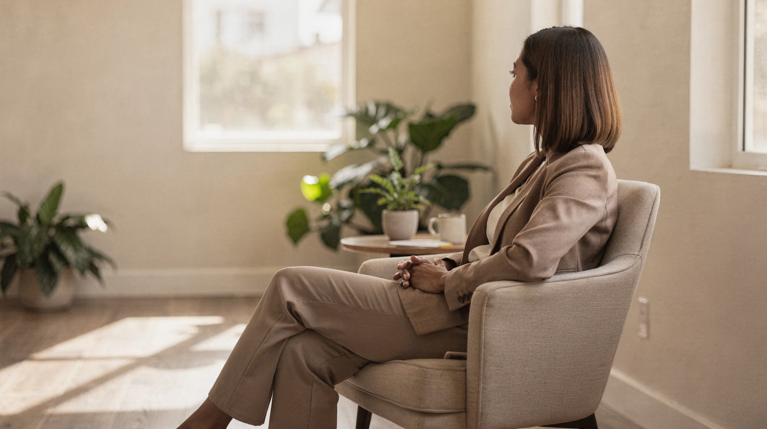 Psychiatrist in Tarzana, CA – client talking with a therapist in a bright office at Uriel Behavioral Wellness